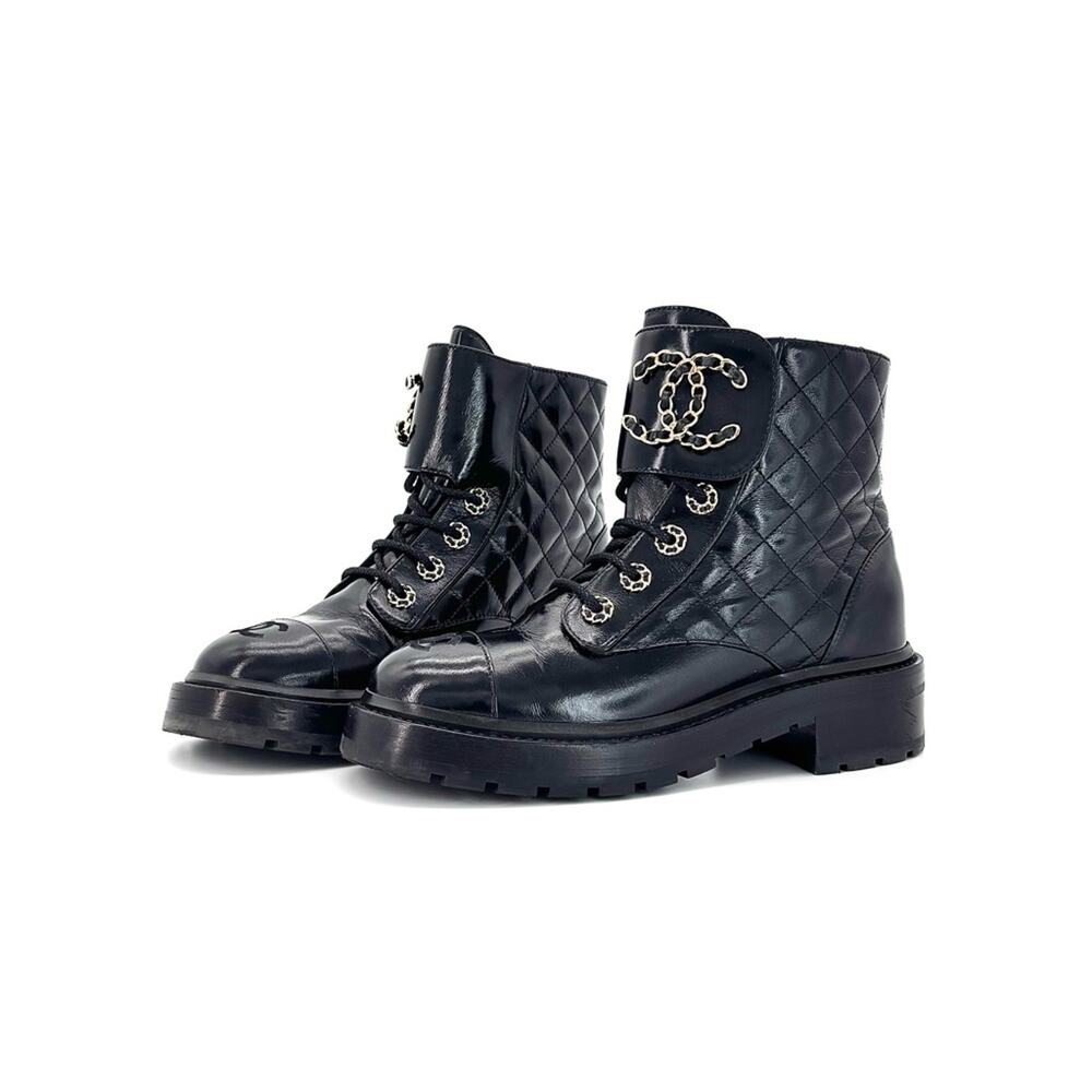 Chanel Brave Shiny Calfskin Quilted CC Chain Cap Toe Platform Short Boots 37